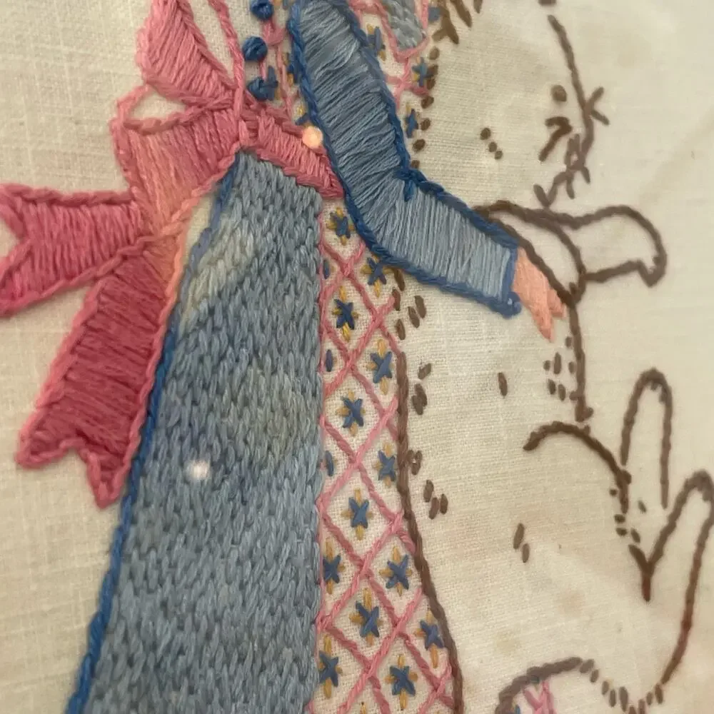 Holly Hobbie Crewel Embroider Art Matte Blue Metal Frame Needlework Vtg READ